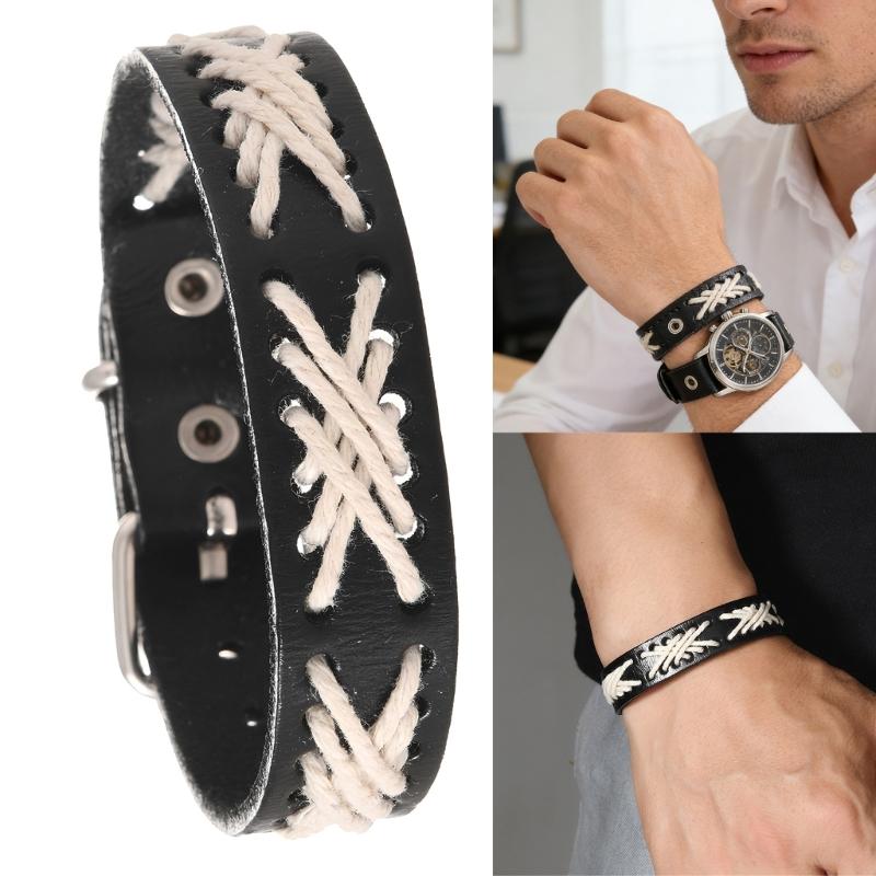 Adjustable Black Leather Bracelet Handcrafted With Wax Cord And Alloy Parts Creative Wristband For Men And Women