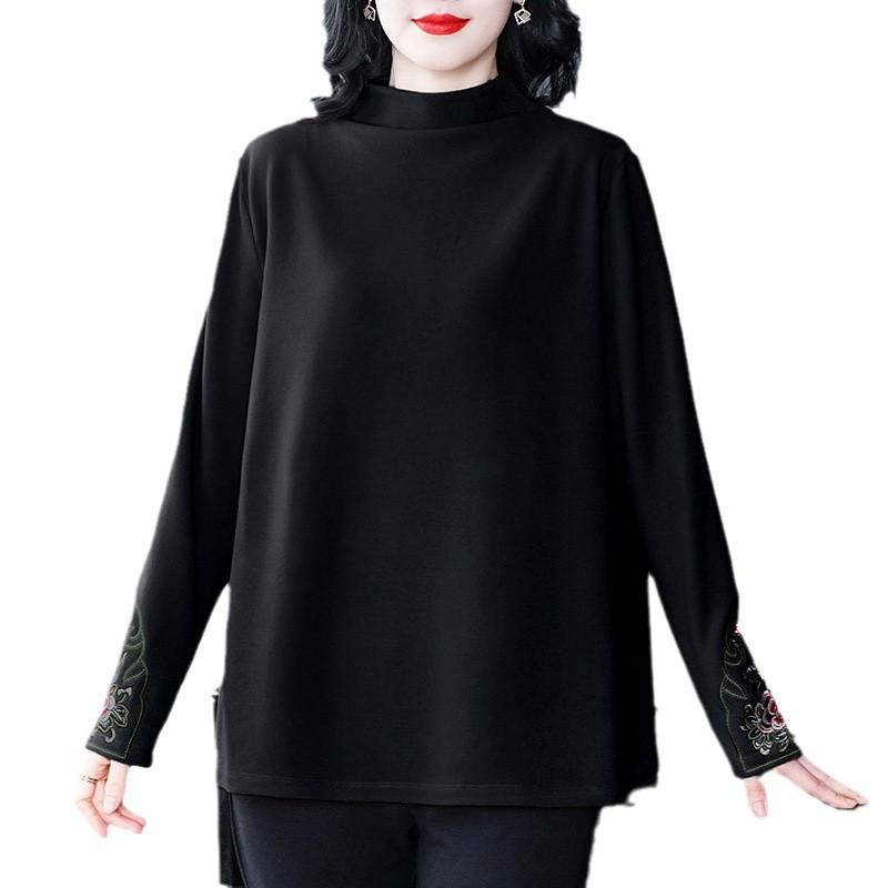 Camiseta de Felpa Bordada de Cuello Semi-Alto para Mujeres de Mediana Edad - Colección Otoño/Invierno