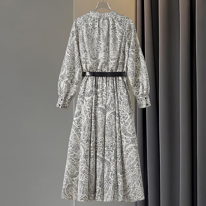 Tachi Damen V-Ausschnitt Kontrastdruck Langarm Midi-Kleid