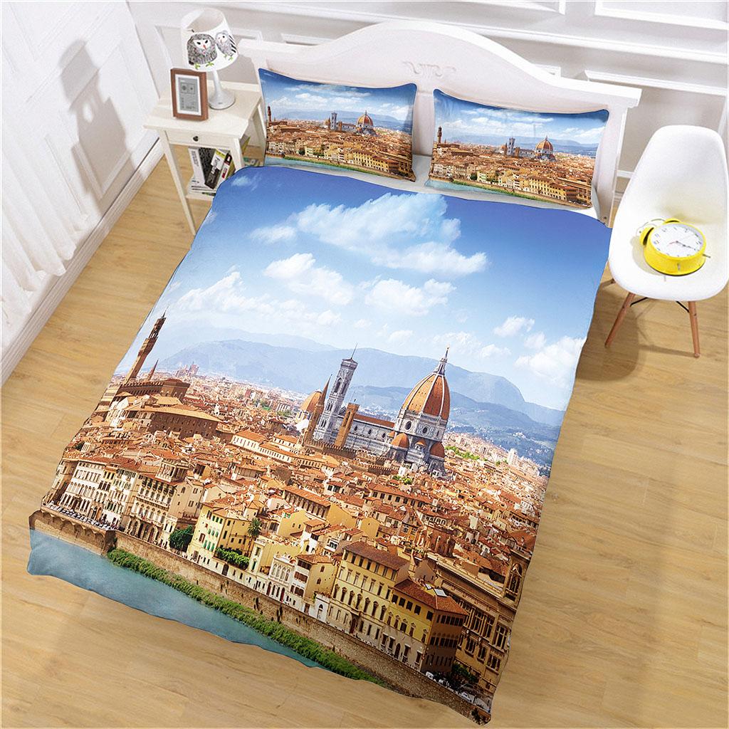 King Queen Duvet Cover City Scenery 3D Single Double Quilt Cover Polyester Bedding Collection For Kids Teens Adults With Pillowcase