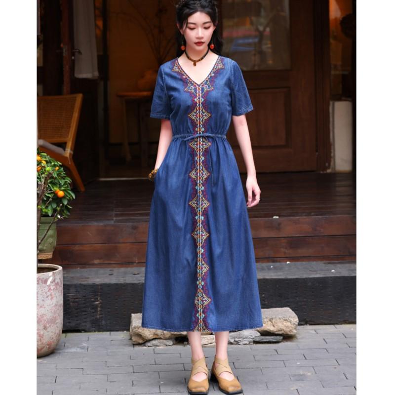 Johnature Femeie Moda de primavara stil chinezesc rochie cu decolteu in V broderie vintage cu maneci scurte rochie casual