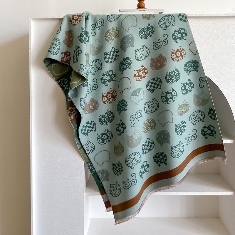 

Утолщенный двухсторонний шарф-шаль с рисунком кошки, милый и свежий, длинный шарф для женщин 185*65cm зелёный