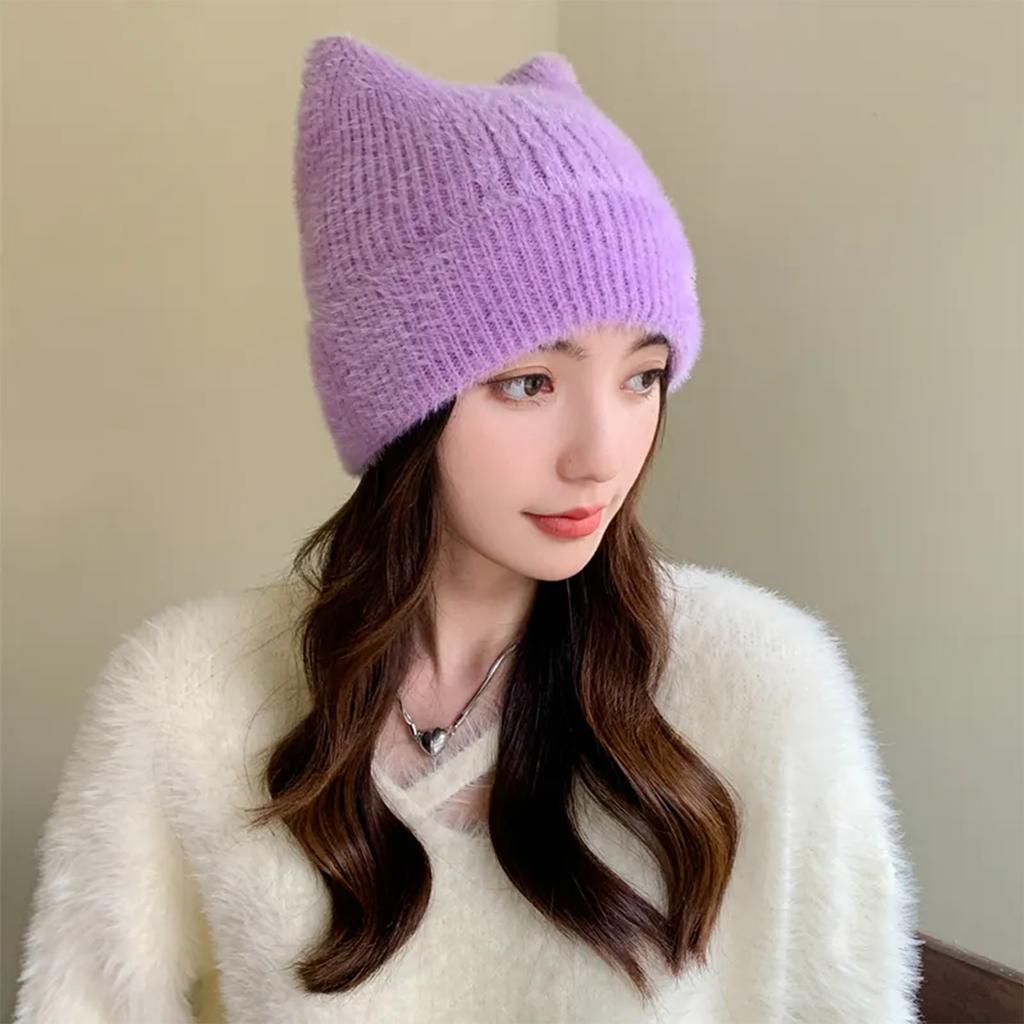 Y2K Crochet Hat for Women Winter Warm Beanie Cap Cute Cat Ear Hat for Teens Adult Cold Weather Windproof Hat Headdress