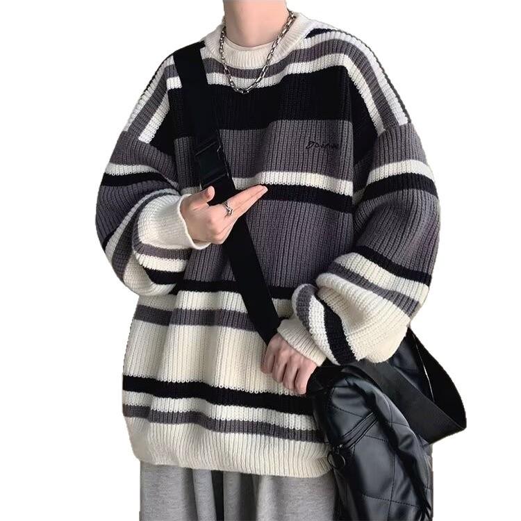 Men's Japanese Retro Striped Contrast Color Thick Loose Knitted Sweater Jacket for Autumn and Winter