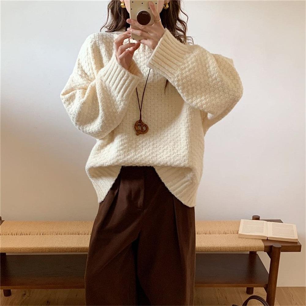 

Retro pineapple pattern crew neck pullover sweater women s autumn and winter new loose casual lazy wind thickened knitted sweater top One size