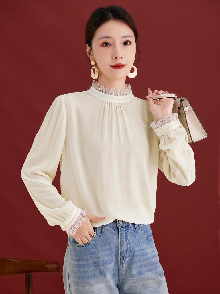 Damen Seiden Samt Plissee Spitze Pullover mit Stehkragen - Herbst Französischer Stil