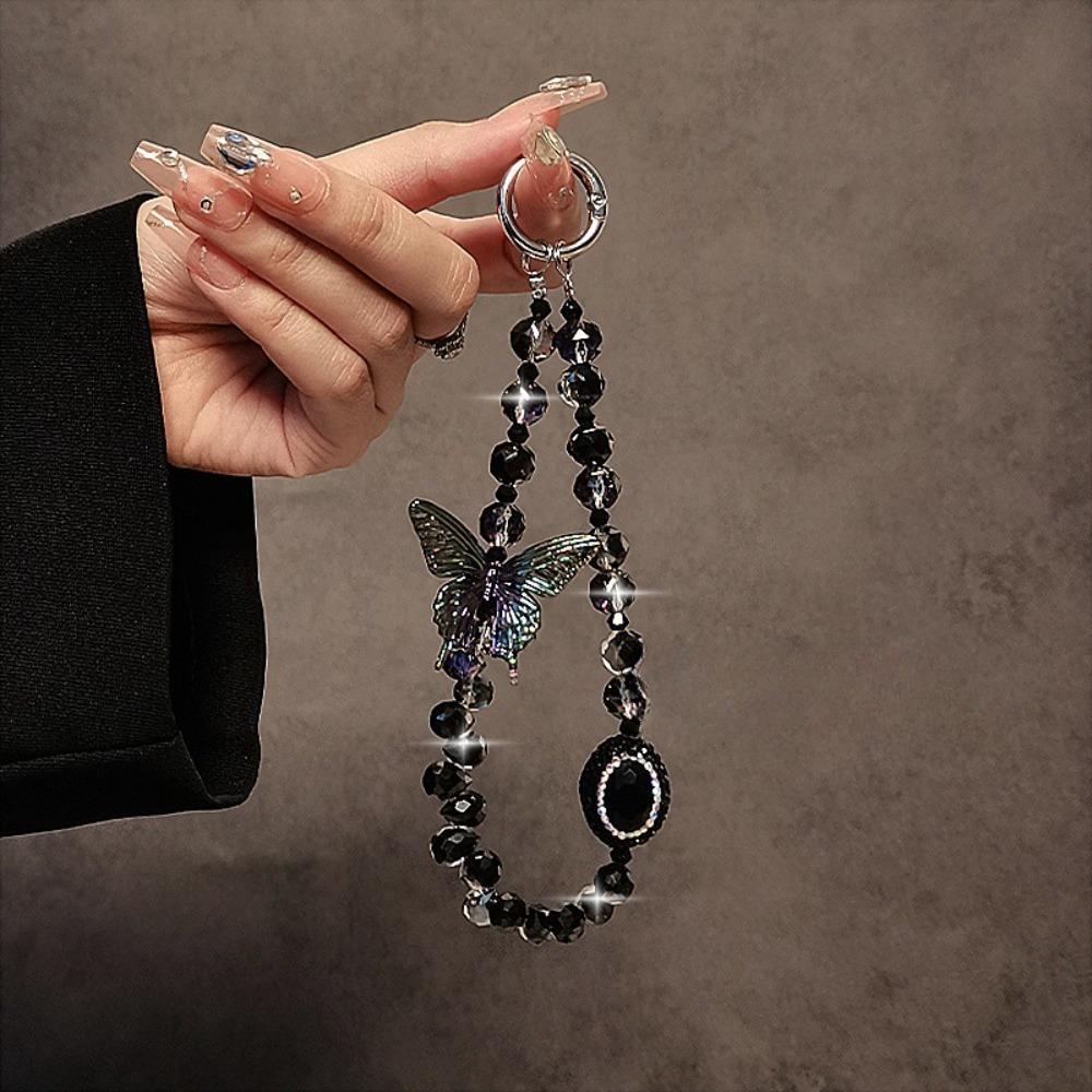 Cute Butterfly Crystal Beaded Phone Chain Women Fashion Luxury Hand-beaded Pendant Phone Lanyard Gifts - чёрный