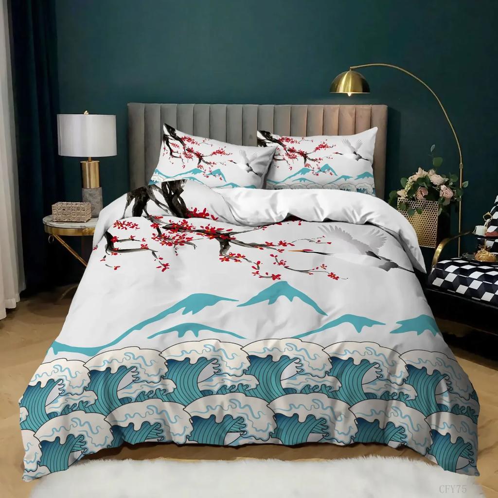 Japanese Style Comforter Cover Set Cherry Blossoms Crane 2/3Pcs Polyester Bedding Set Sea Waves Duvet Cover Set Twin Queen Size