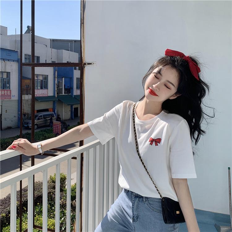 Summer New Small Fresh Bow Printing Loose Large Version White Inner Short-sleeved T-shirt Top Women's Clothing