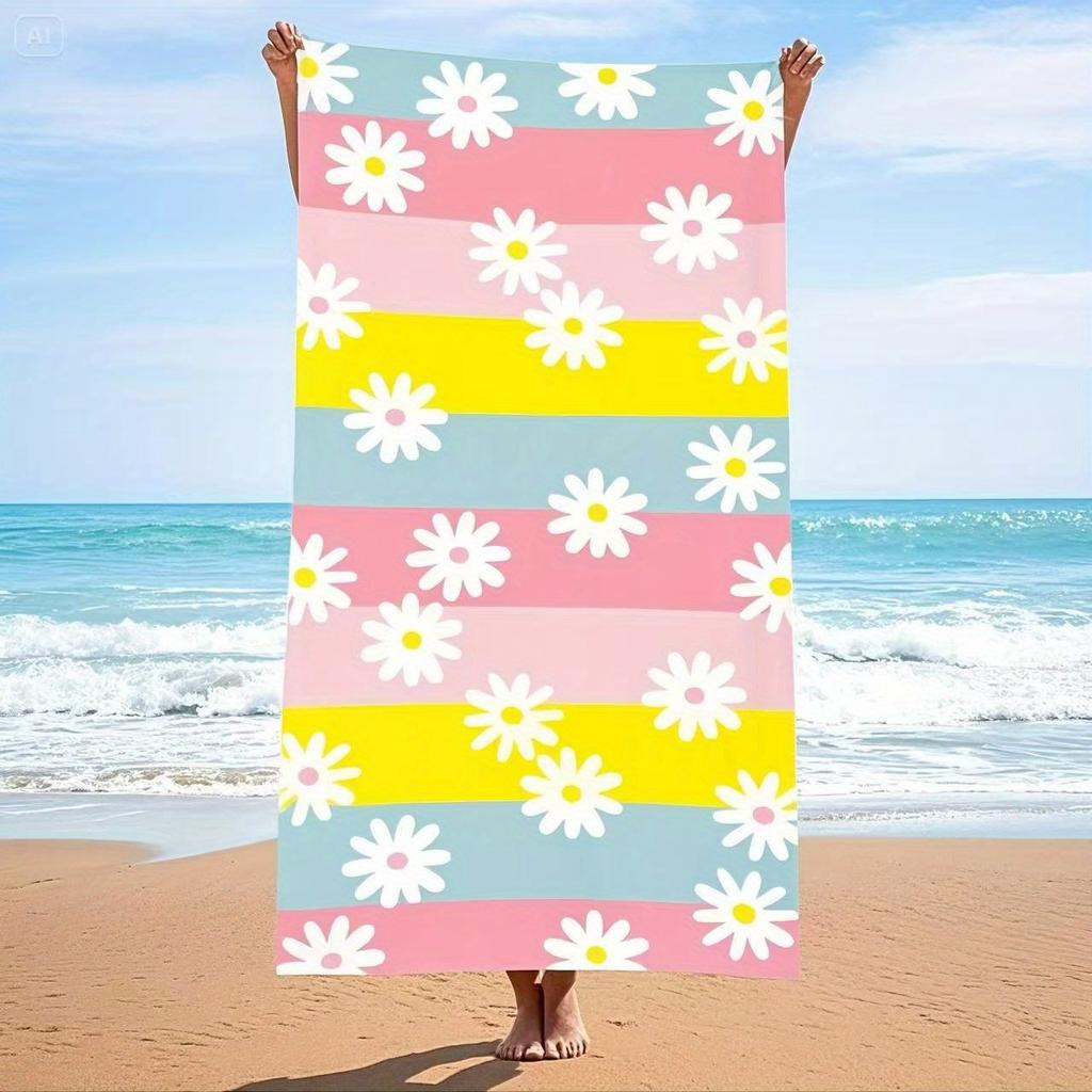 1pc Colorful Daisy Beach Towel - Soft, Absorbent & Quick-Drying Microfiber, Vibrant Floral Pattern In Pink, Yellow, Blue & Green
