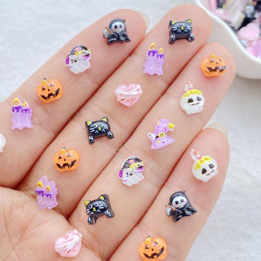 50pcs Resin Cute Mini Cartoon Halloween Black Cat, Ghost, Skull Candle Nail Art Flatback Rhinestone DIY Scrapbook Decor Crafts
