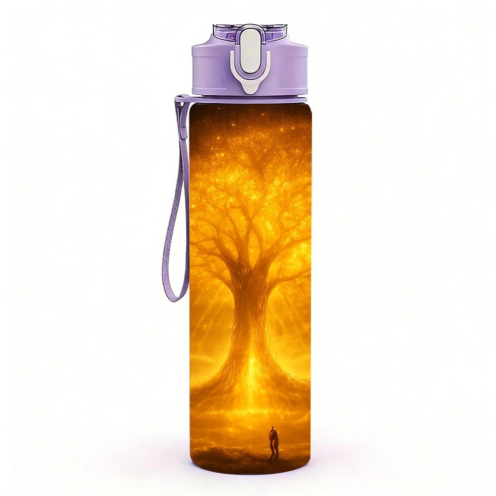 1PC Glowing Golden Tree Sunset Art Print 750ml Color Plastic Sports Water Bottle Leakproof Flip Straw Lid Suitable for Sports Office Home Use
