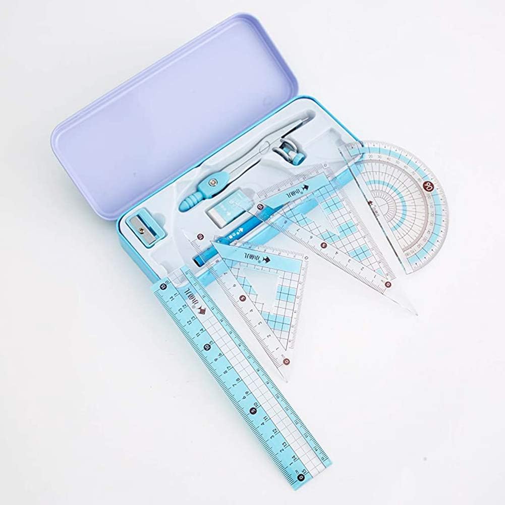 8 Pcs Compass/Math Set for Students with Shatterproof Storage Box, Geometry Set for School, Includes Ruler, Protractor, Compass, Pencil,Pencil