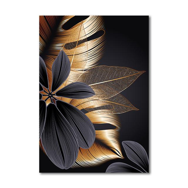 Scandinavian Black and Red Leaves Monster, Golden Plants, Flowers, Canvas, Poster, Paintings, Luxurious Interior Print, Abstract Hd Art Image