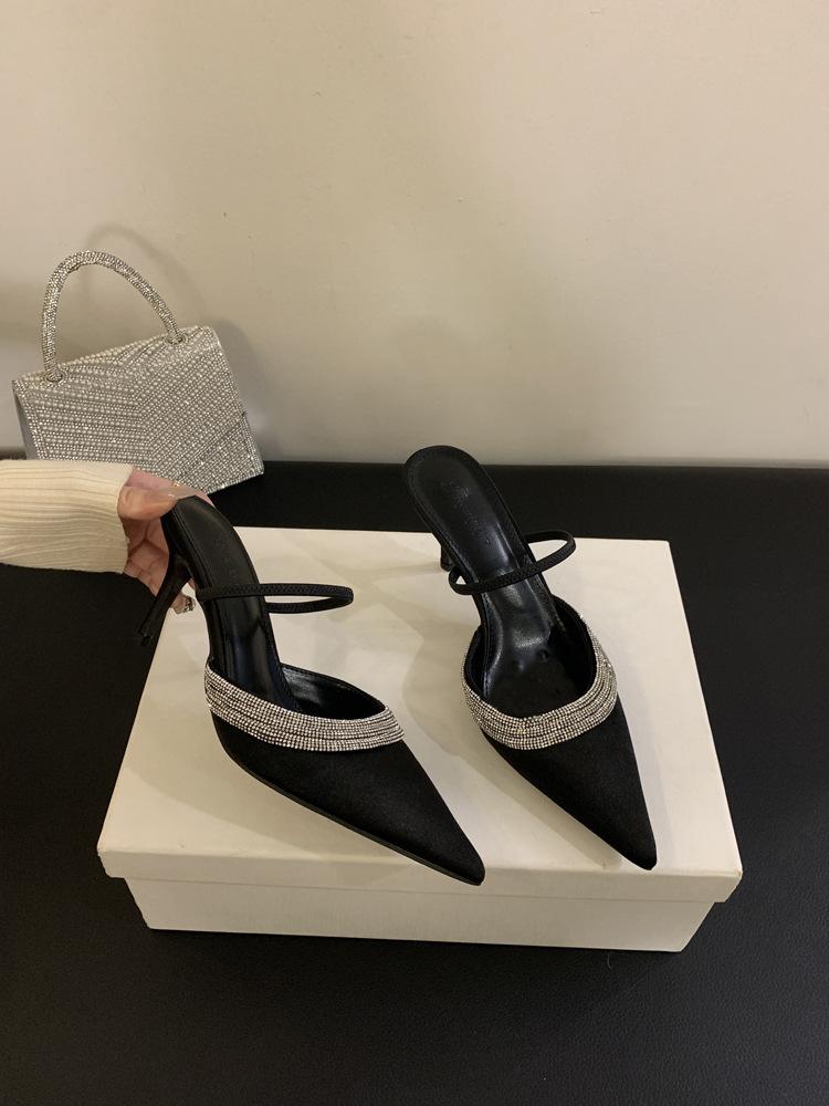 2025 spring rhinestone decorative satin surface pointed head thin heel high heel sandals women's shoes bag head shallow mouth half drag European and