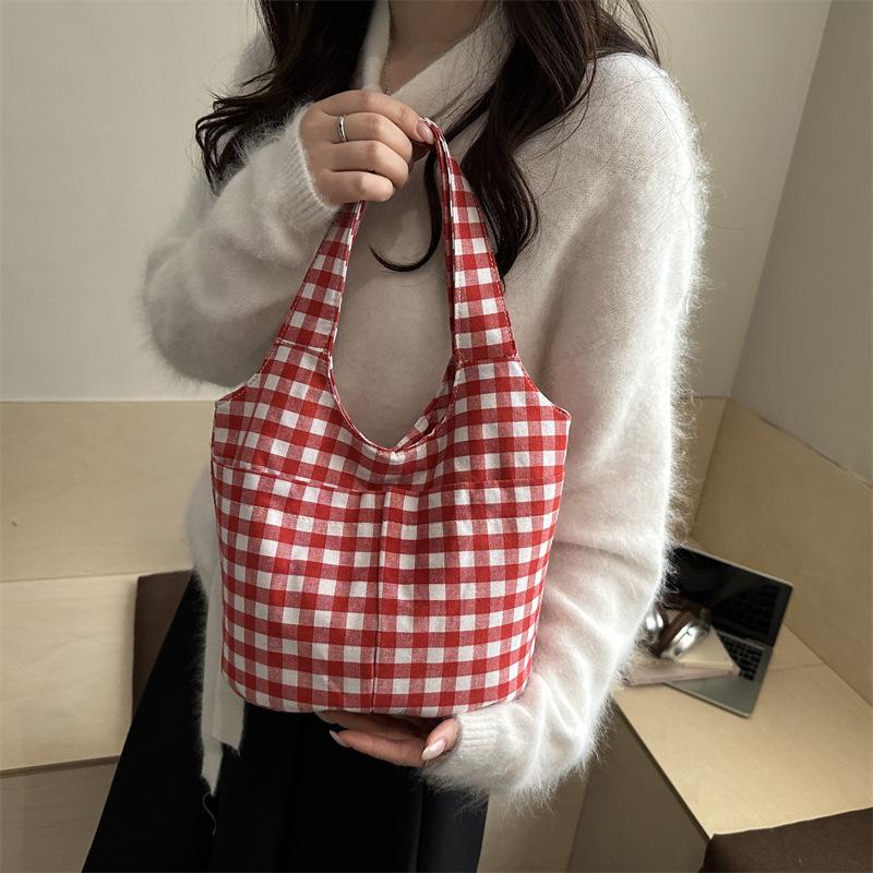 Korean Style Vintage Plaid Shoulder Bag Lightweight Large Capacity Casual Crossbody Bag for Women Versatile Texture Bucket Bag