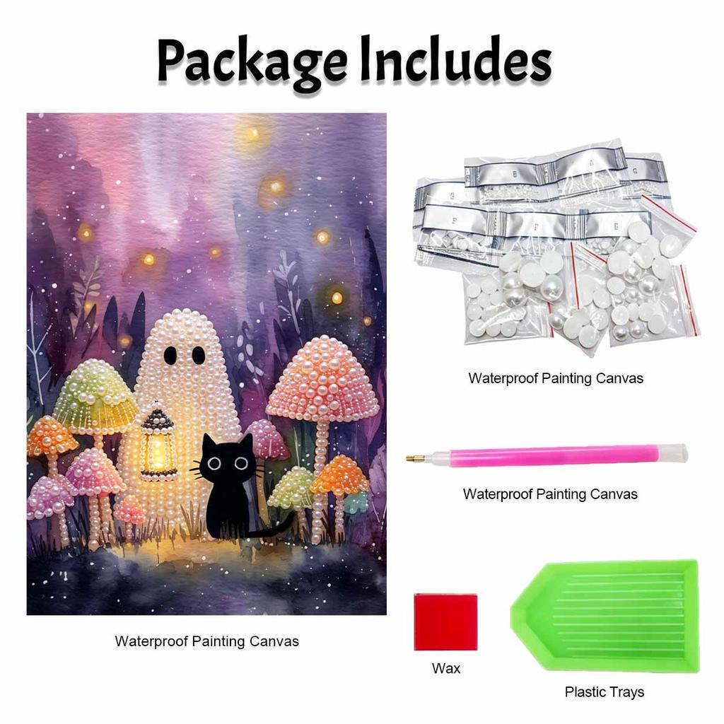 Frameless Pearl Painting Kit Black Cat Mushroom Forest Pattern DIY Shiny Bead Canvas Creative Leisure Craft Gift for Adults Decor