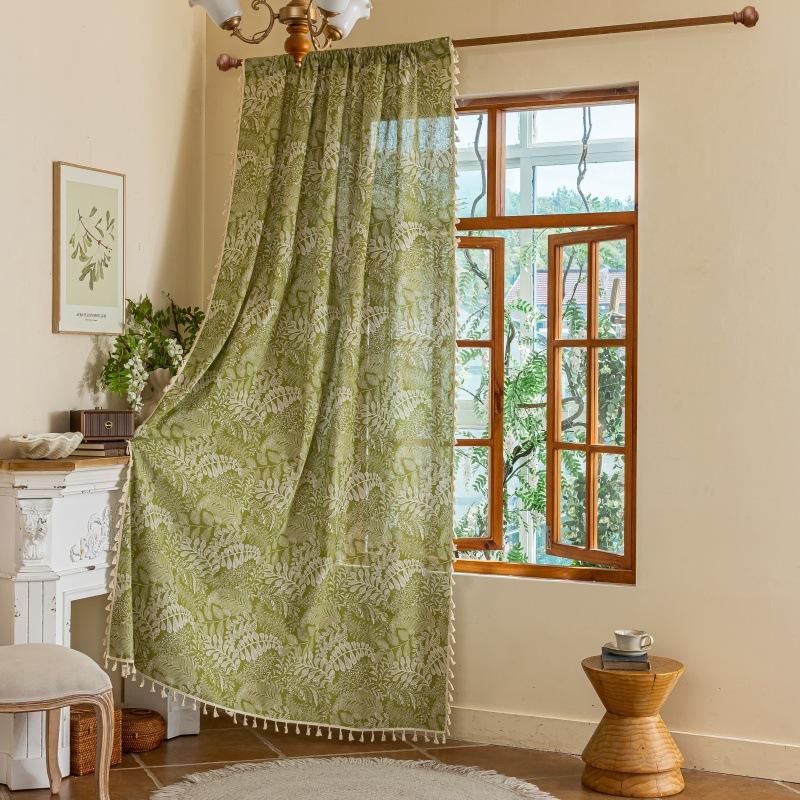Boho-Vorhänge für Schlafzimmer Wohnzimmer, Baumwoll-Leinen mit Blattdruck, Stangentasche, Rustikales Bauernhaus Bohemian, Quasten, Fensterdekoration