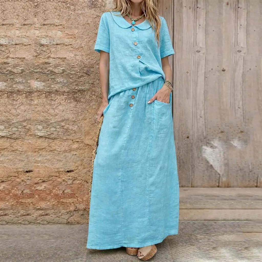 Women's Fashionable Loose-Fit Cotton-Linen Blend Top And Skirt Two-Piece Casual Set