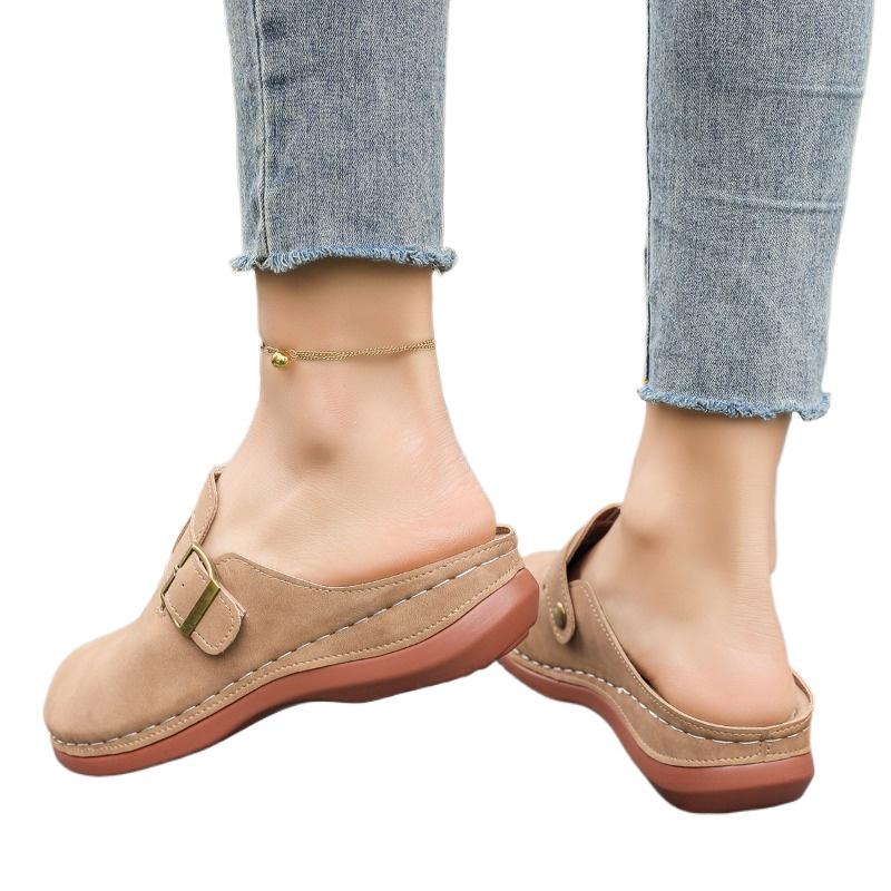 Fashion 2025 Summer Closed Toe Women’s Slippers Rome Buckle Round Toe Platform Wedge Plus Size Sandals for Outdoor Daily Casual Slippers