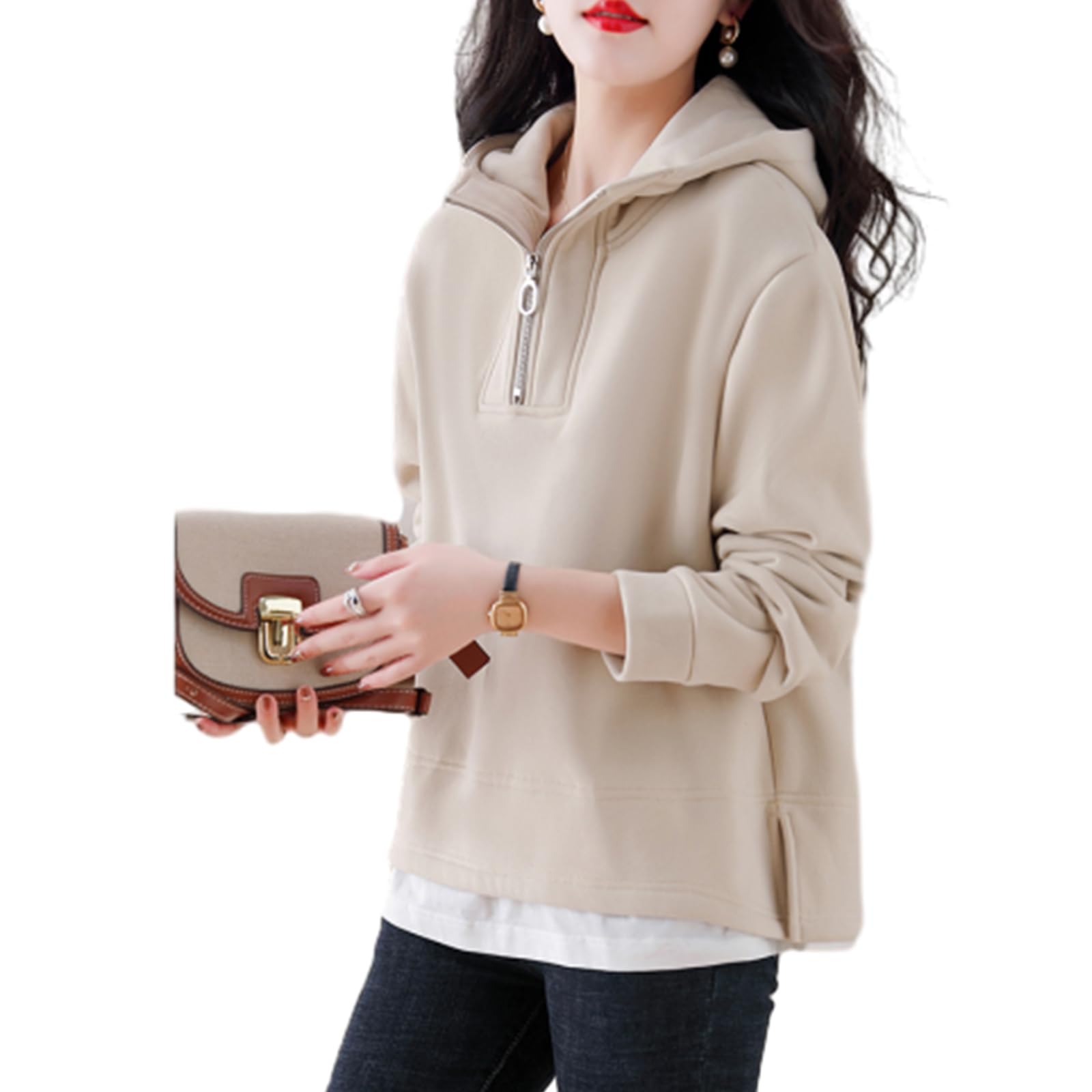 

Hooded Long Sleeve Pullover Top with Contrast Brushed Loose Casual Plus Sizes Perfect for and Winter [CCGGOWMM] Women s Pattern, Fleece,
