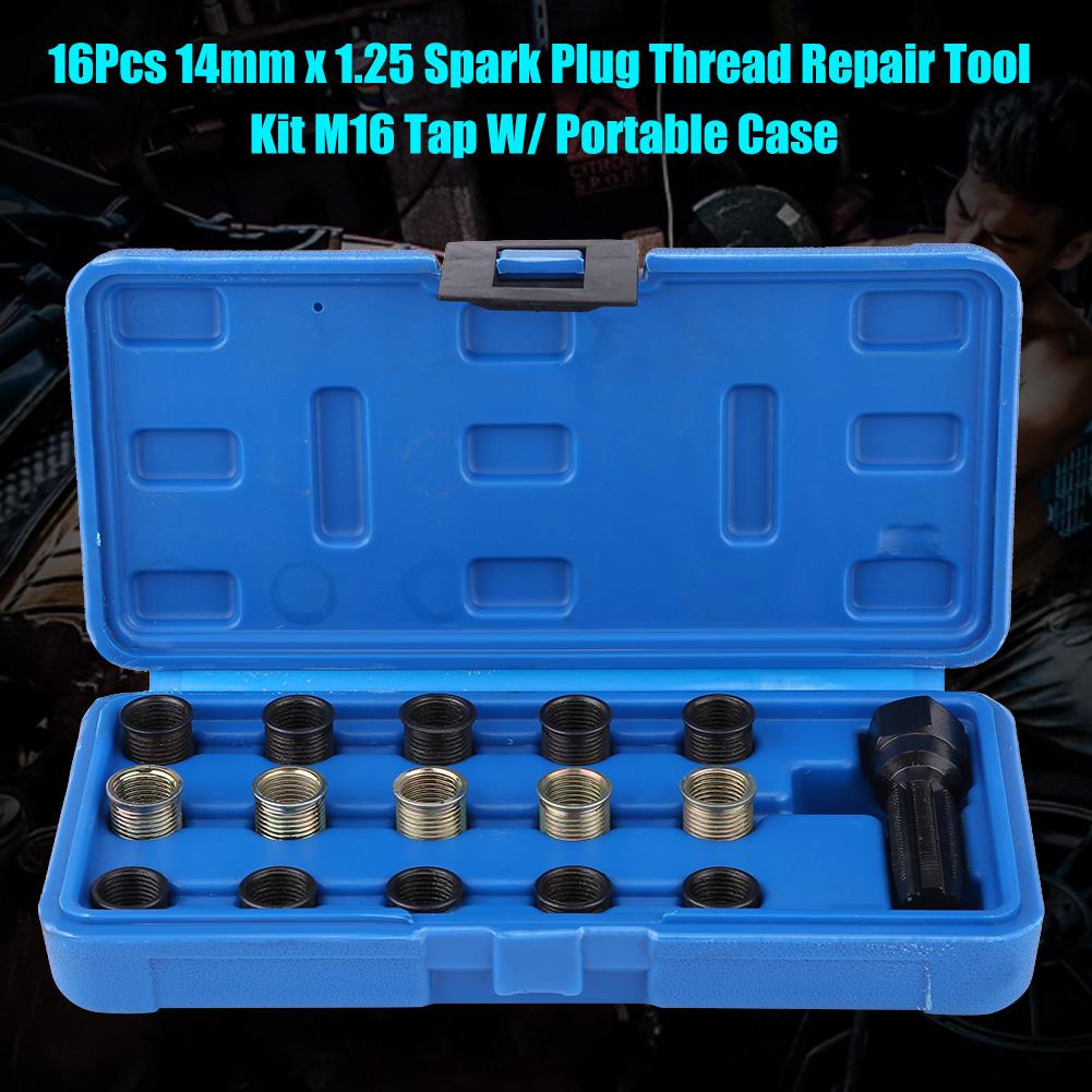 16Pcs 14mm x 1.25 Spark Plug Thread Repair Tool Kit M16 Tap W  Portable Case