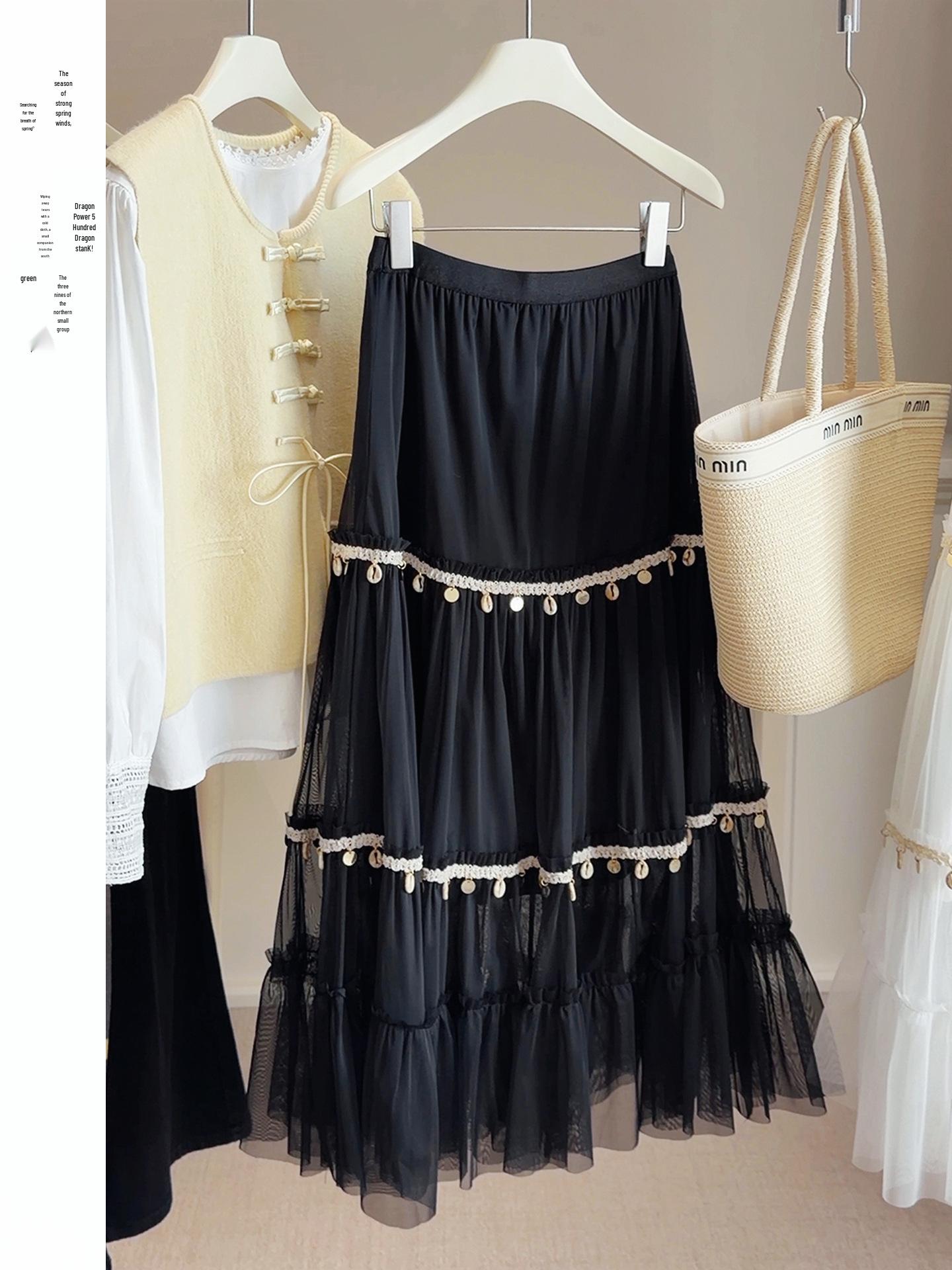 Apricot Bohemian Sequined Mesh Tassel Skirt for Women - Spring/Summer Collection чёрный