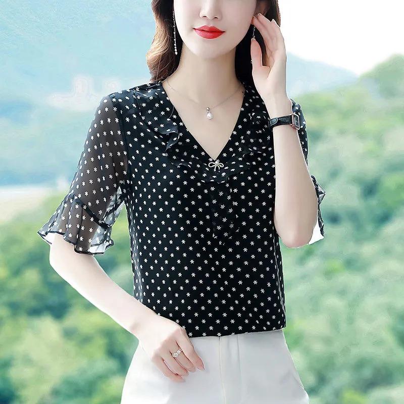 High-end Chiffon Shirt Fashionable Upscale Summer Loose Short-sleeved Top Elegant Dress Top