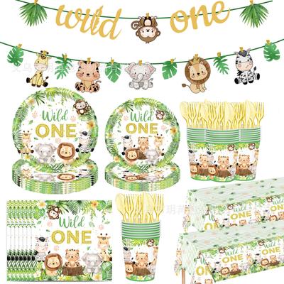 Divoký Jedna Džungle Safari Narozeninová Oslava Jednorázový Nádobí Set Ubrus Džungle Zvířata Lví Talíře Babyshower Párty Dekorace