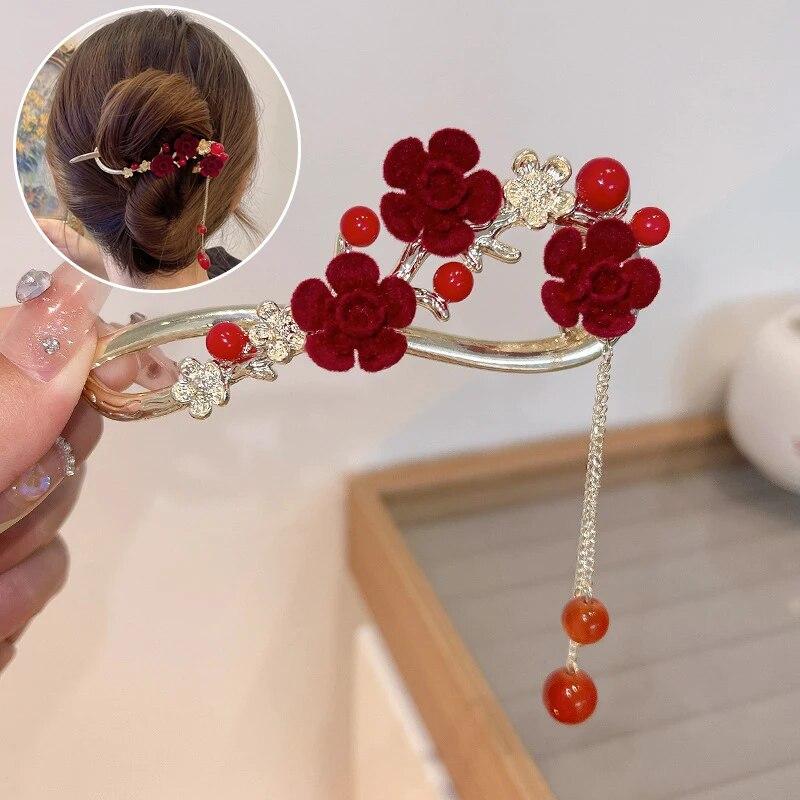 Vintage Velvet Red Rose Hair Claws For Women Luxury Metal Clamp Clip Barrettes Hairpins New Rhinestone Hair Accessories Headwear