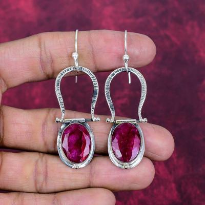 Bijoux en Rubis Créé en Laboratoire, Boucles d'Oreilles Bijoux en Argent Sterling Massif 925, Boucles d'Oreilles Faits à la Main Bijoux en Pierres Précieuses Pour Femmes