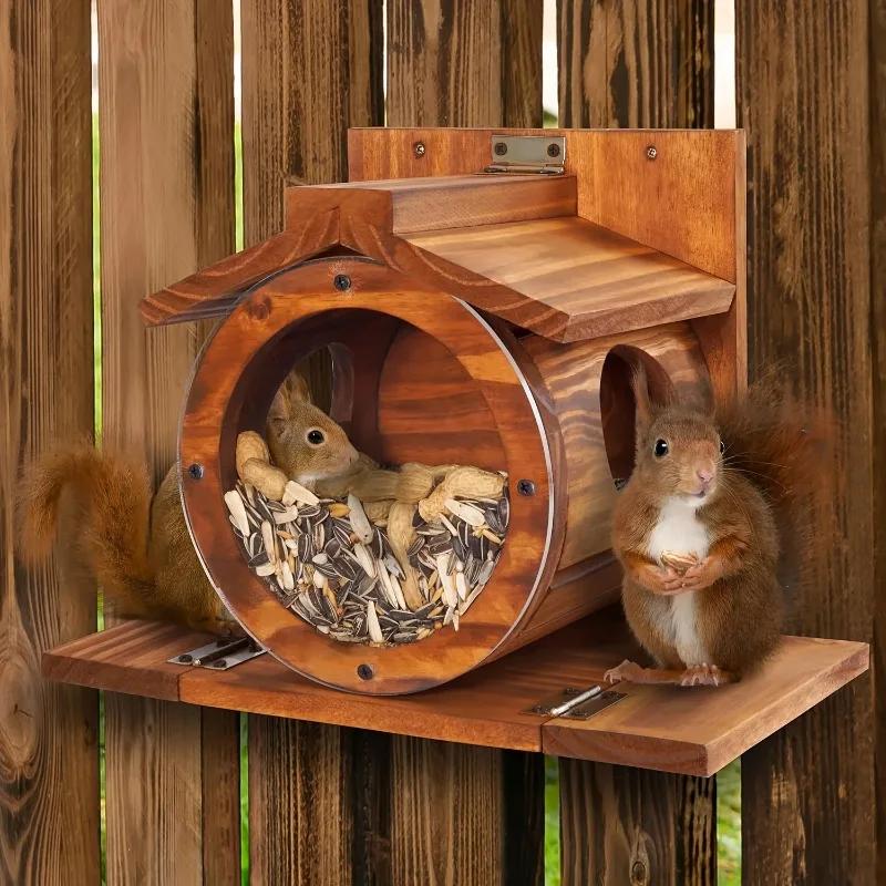 Natural Wood Squirrel Feeder, Hanging Wildlife Feeding Dish for Garden & Patio, Attracts Squirrels, Birds, and Chipmunks, Rustic