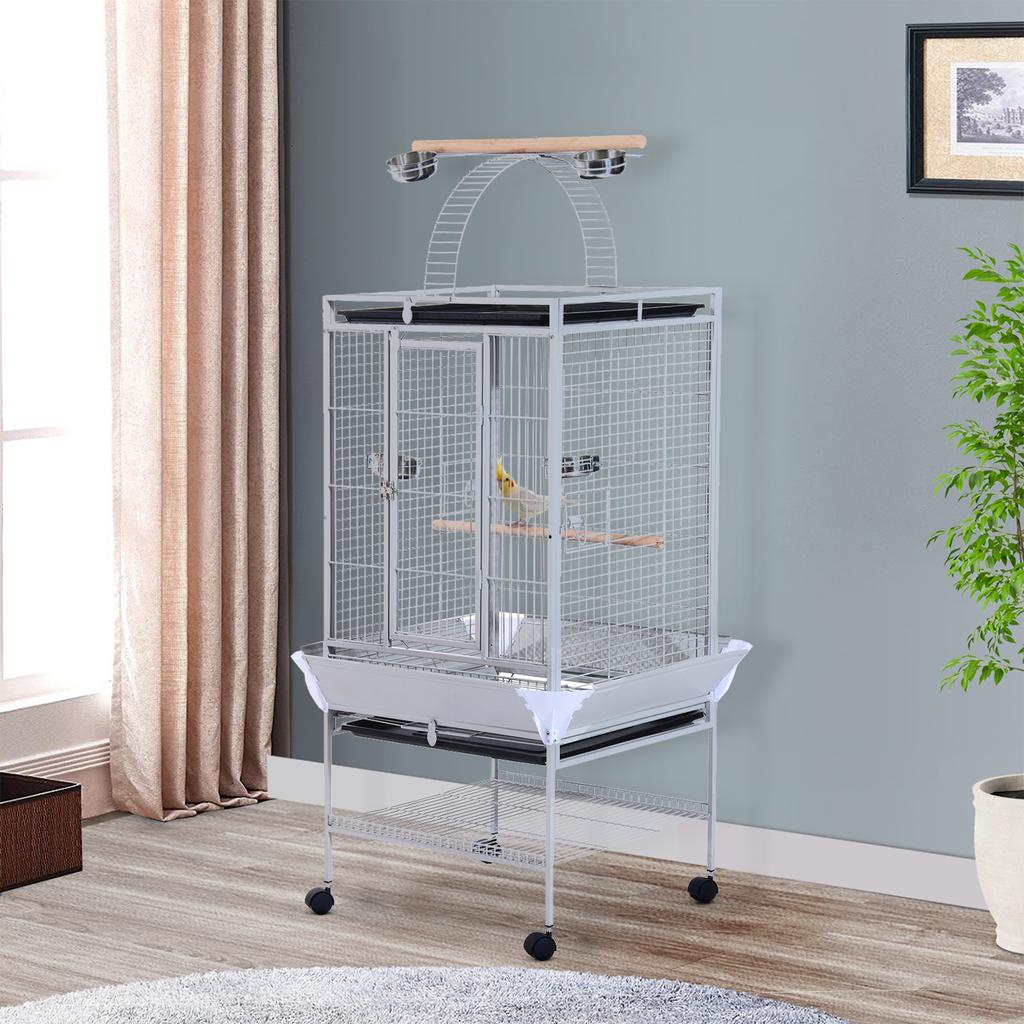 Bird Aviary with Wheels Height 161.5cm, Steel Bowls and Wooden Perches, Silver