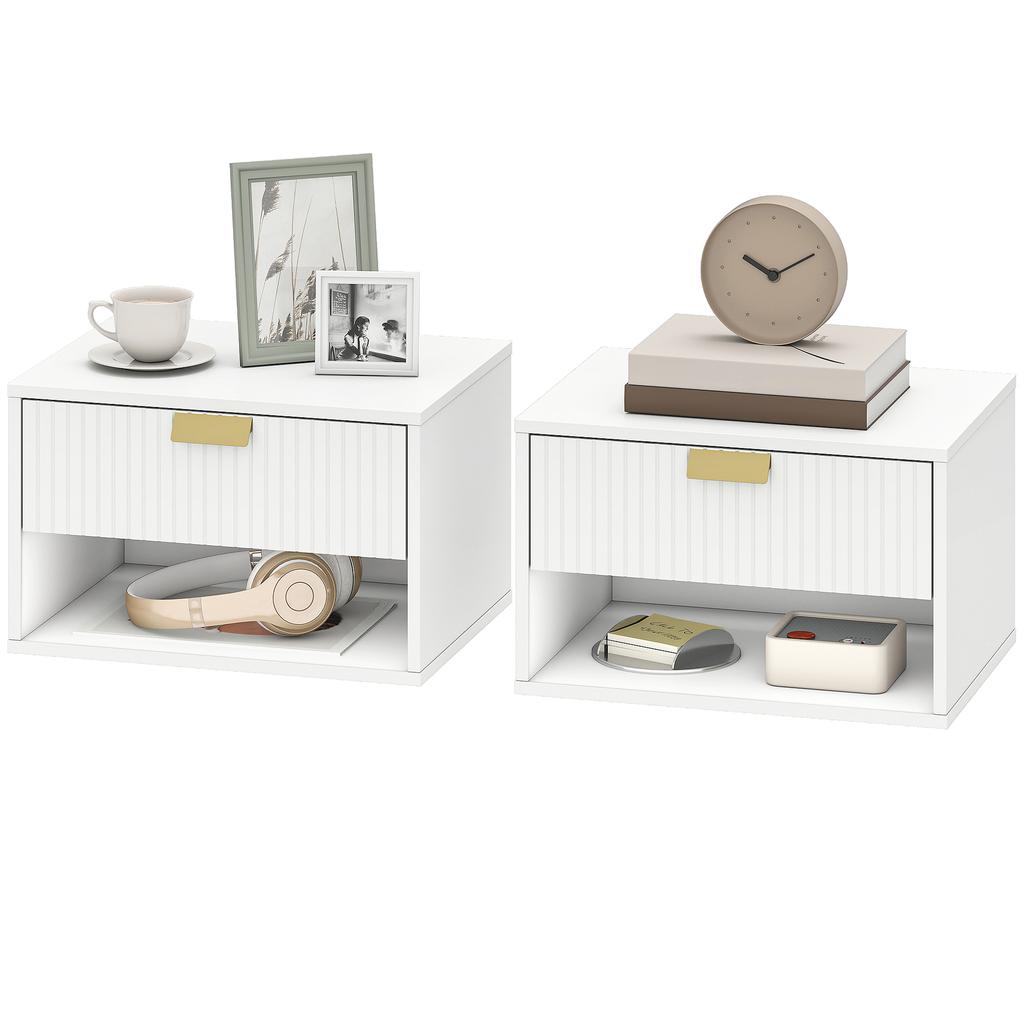 Set of 2 Wall-Mounted Nightstands, Grooved Drawer, Open Shelf, 40x30x25 cm, White