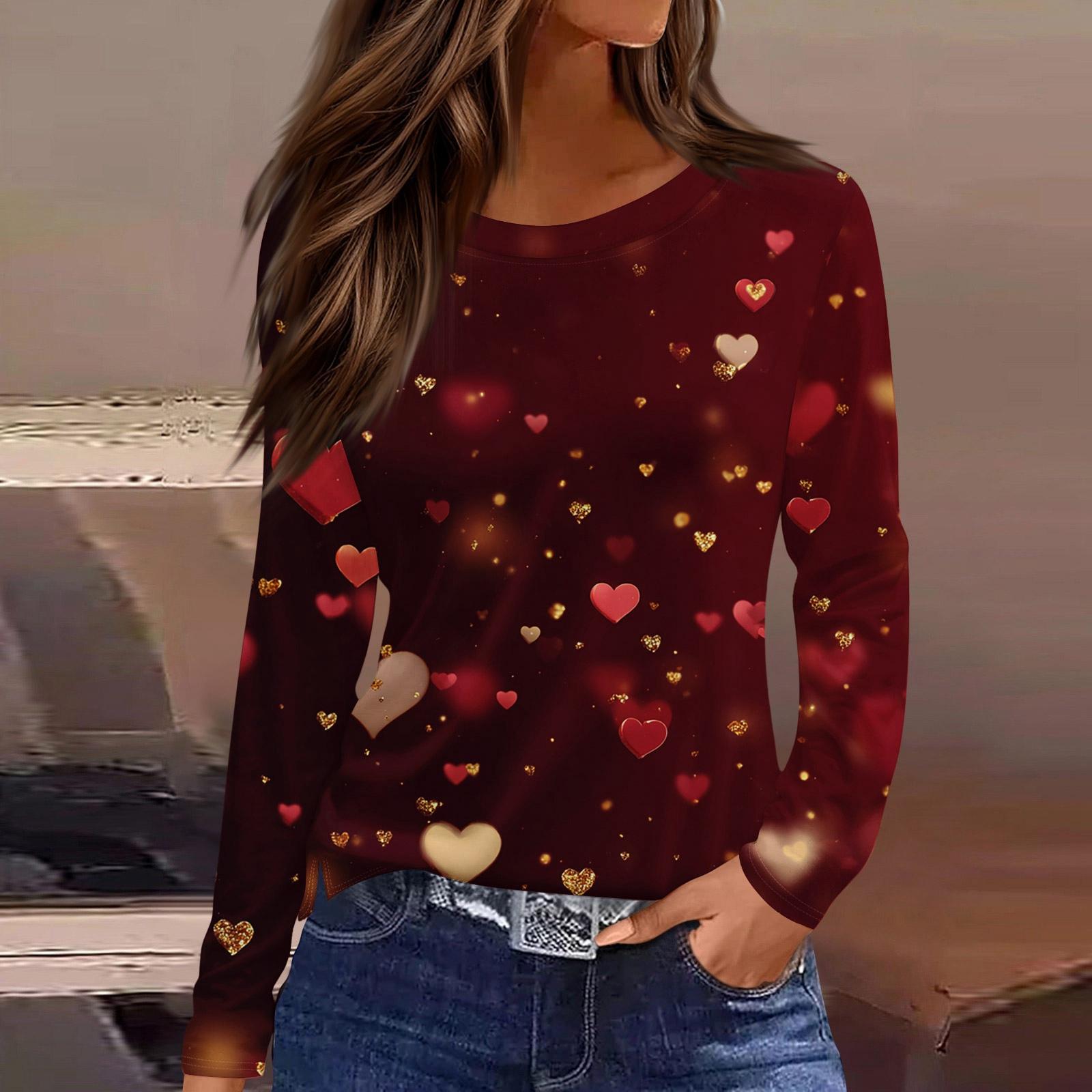 

Women s Fashionable Long-Sleeved Round Neck Top with Slit Hem and Valentine s Day Heart Print XL винний