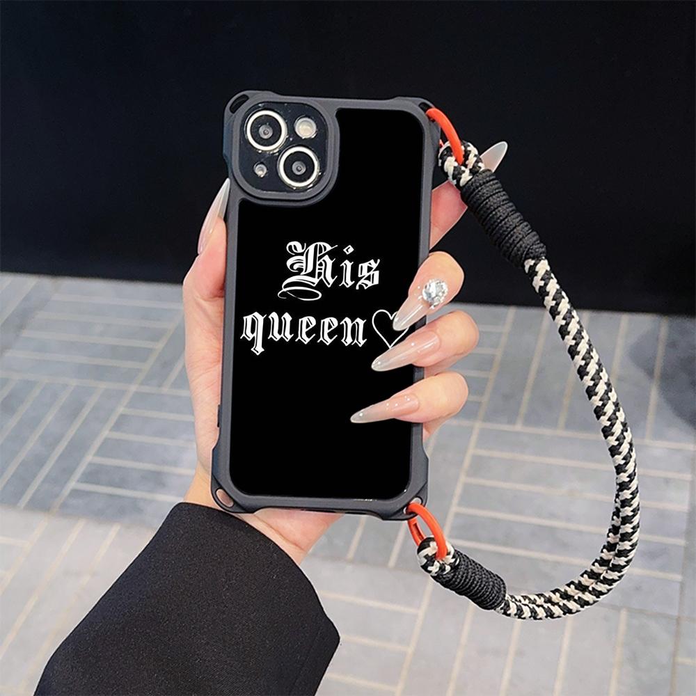 Ae84 King Queen Couple Art Soft Phone Cases for iPhone 16 15 14 13 12 11 Pro Max 8 7 Plus XR XS with Wrist Strap Lanyard Corner Protection Back Cover