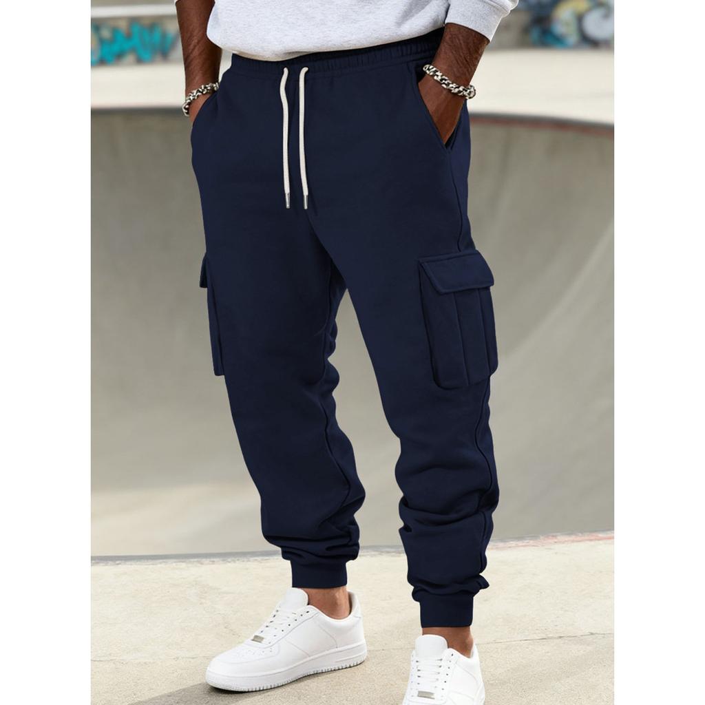 Autumn and winter fleece men's casual overalls men's multi-pocket drawstring sports casual trousers