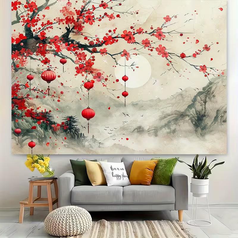 2D Elegant Oriental Plum Blossom and Lanterns Background Cloth