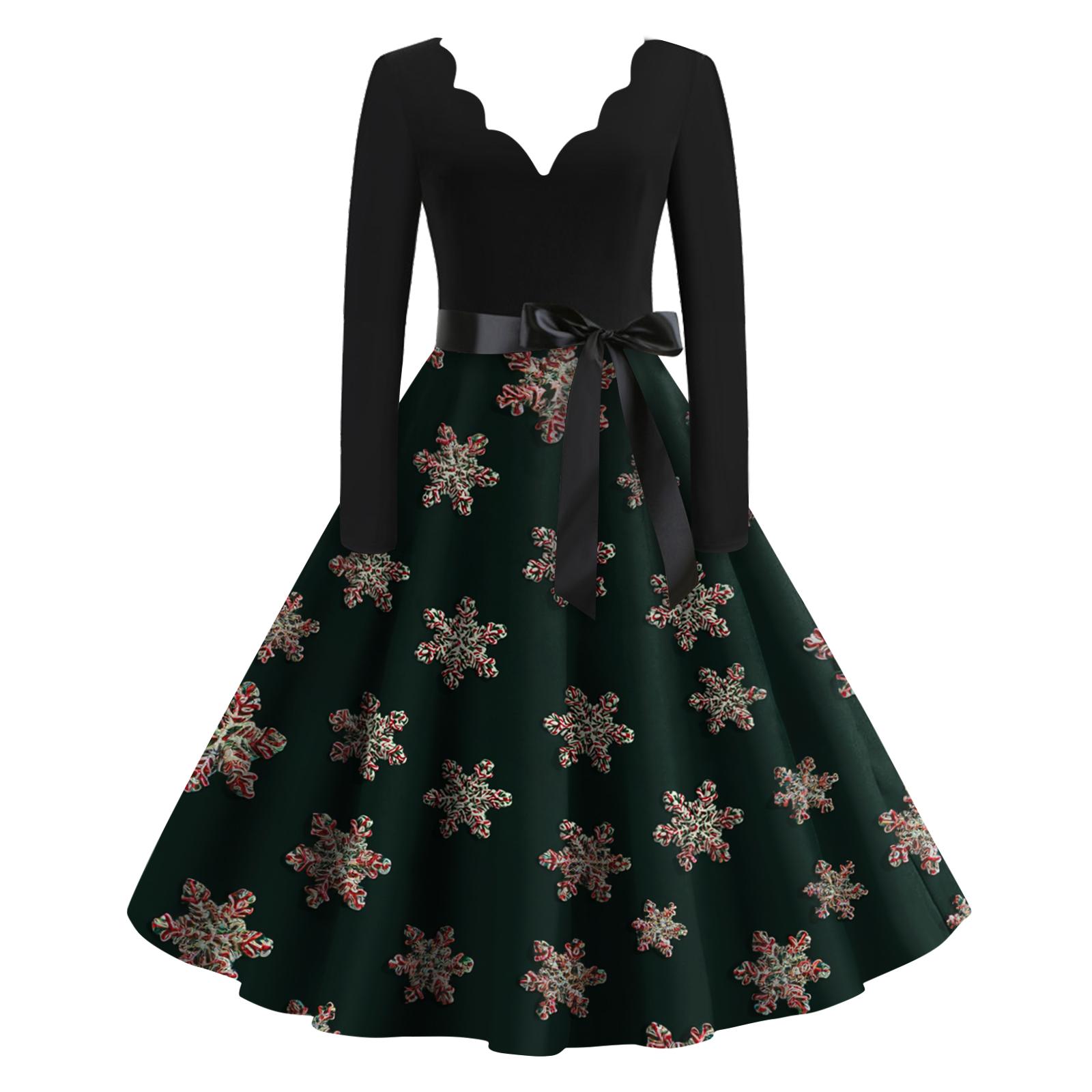 

Women s Casual Fashion Christmas Holiday Print V-neck Vintage Dress L
