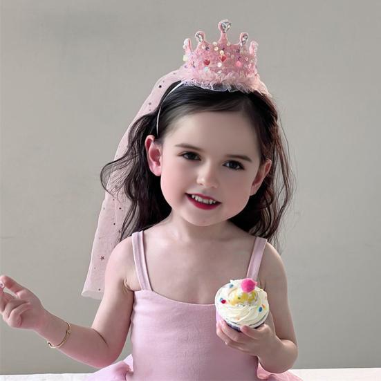 Girl Crown Headband with Sequins Imitation Pearls Princess-Style Crown Mesh Veil Toddler Princess Headpiece Baby Girl Photo Accessory