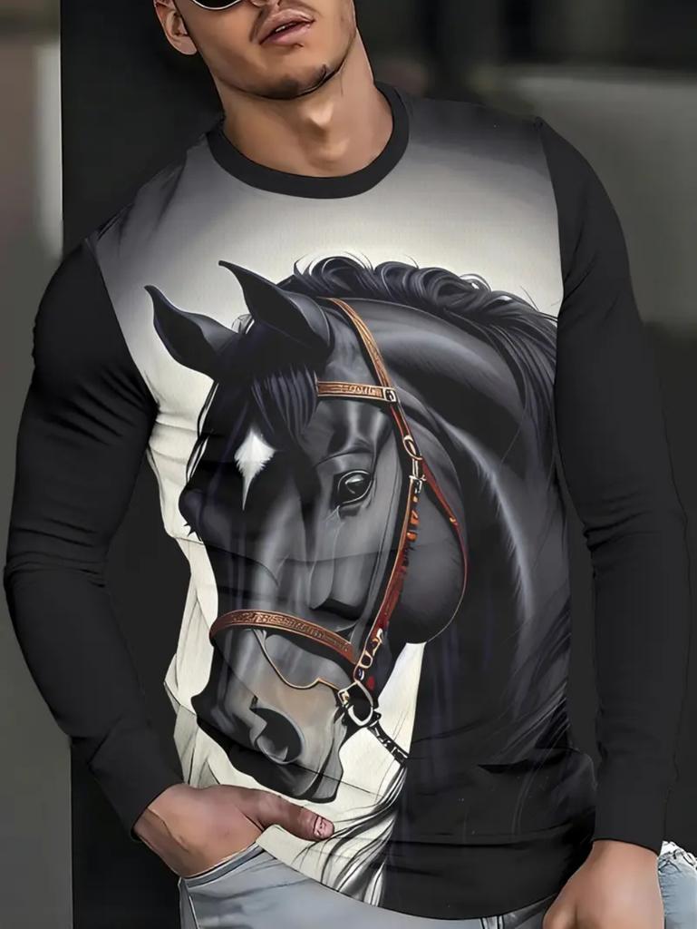 Men's T-Shirt Running Horse Graphic 3D Print Fashion Long Sleeve Crew Neck Unisex Tee Shirt Casual Summer Personality Men's Top