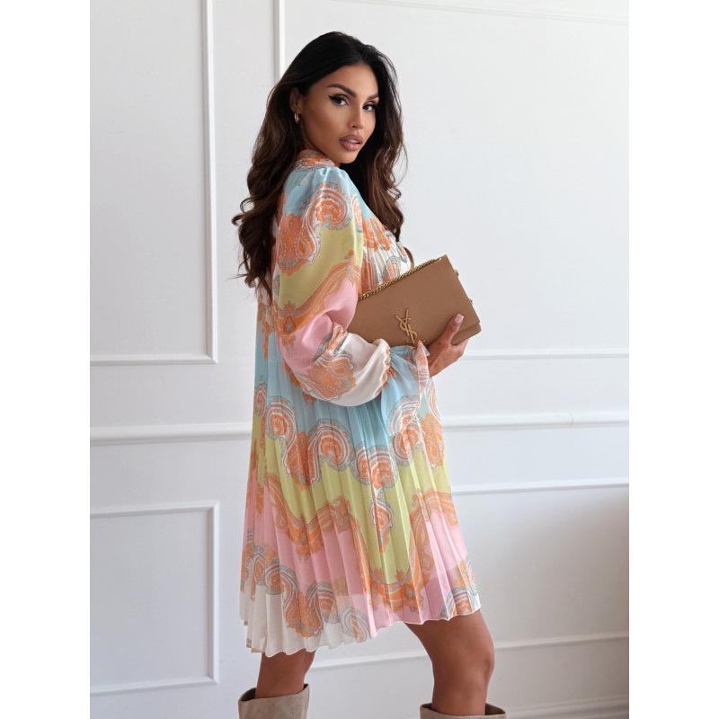 Fashion Print Stand Collar Pleated Long Sleeve Loose Waist Straight Comfortable Dress Lightweight Recognition Elegant with Flattering Chic Dress