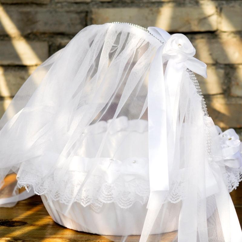 Cheap Flower Girl Basket for Wedding Large White Satin Baskets Lace