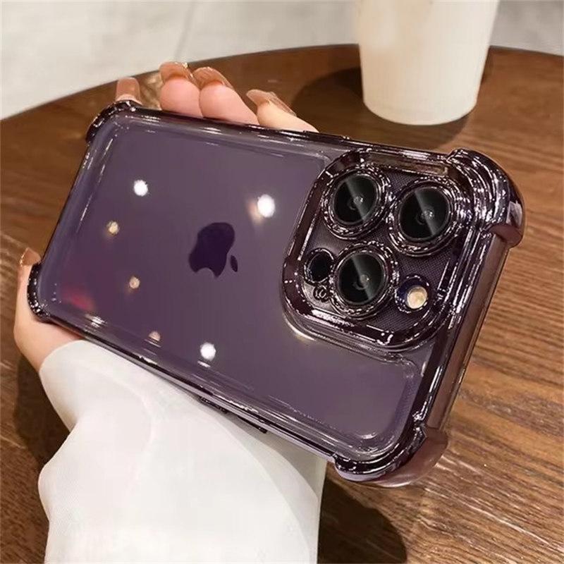 Luxury Plating Airbag Soft Silicone Case for iPhone 16 Pro Max 11 12 13 14 15 Pro Xs Max X Xr 16 Plus Glass Lens Protector Cover