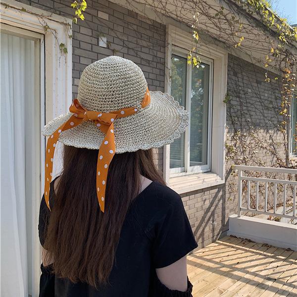 Pastoral cute polka dot streamer bow straw hat women's vacation beach sunscreen big eaves straw visor hat