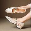 Cowhide woven mesh hole shoes 2025 spring and autumn models square head thick heel one-button metal hollow fashion sandals