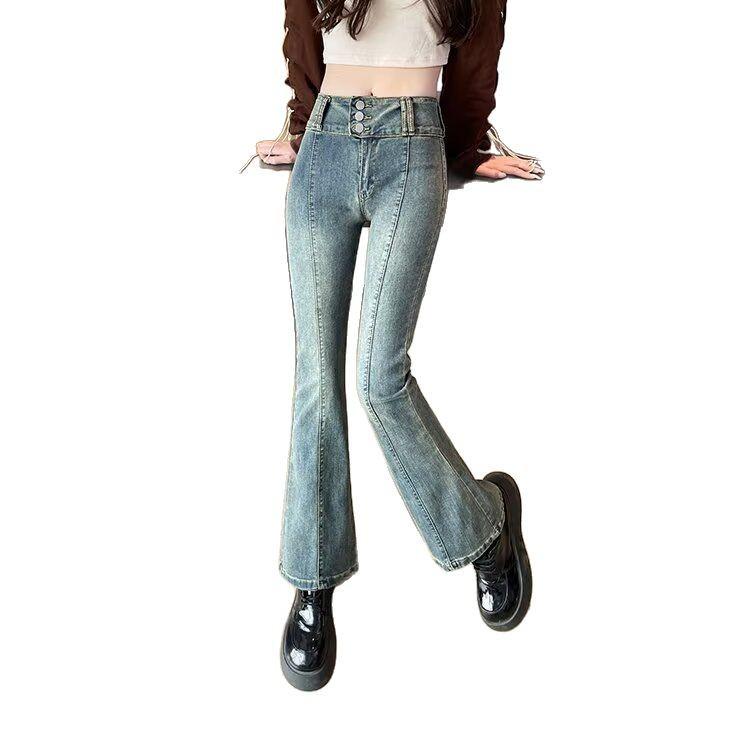 Washed Retro Micro-Flare High-Waisted Jeans for Women - 2024 Autumn Collection: Elastic, Distressed, Slimming, Tall-Looking Long Pants