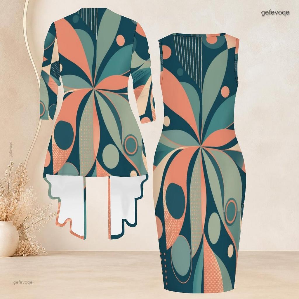 Women Plus Size Two Piece Set Printed Sleeveless Bodycon Dress 3 4 Sleeve Draped Cardigan