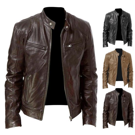 Solid Color Zipper Closure Men Jacket Faux Leather Stand Collar Multi Pockets Motorcycle Windbreaker Outerwear