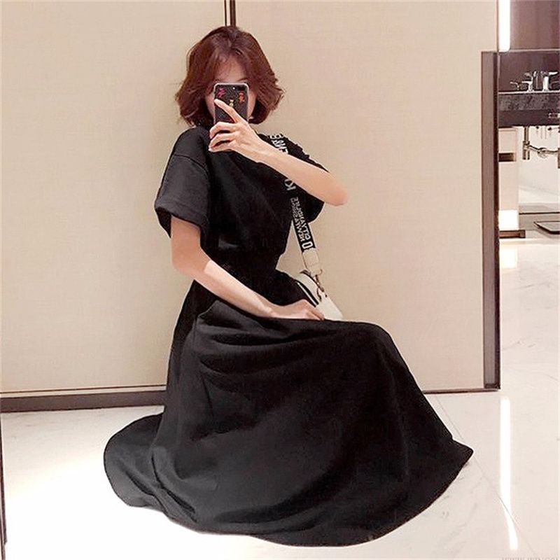 

Age-Reducing Hepburn Style Half-Sleeved and Waisted High-End Dress Black L